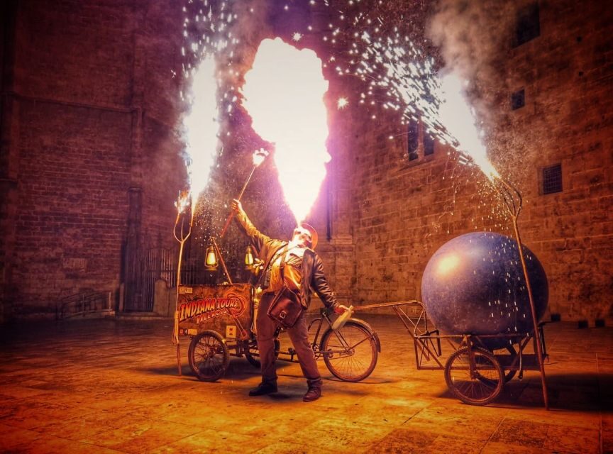 Valencia: 'Indiana Jones and the Holy Grail' Walking Tour - Indy’s stunt moments: whip action, glass walking, and fire